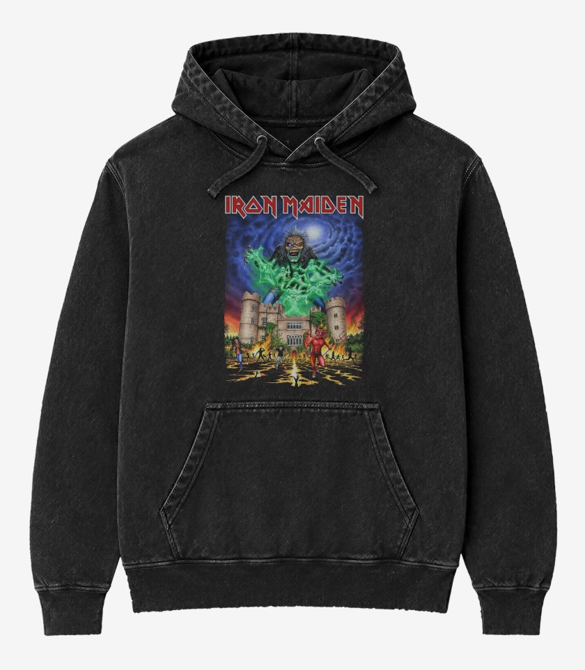 Poleron Canguro Acid Wash Negro de Iron Maiden Castle