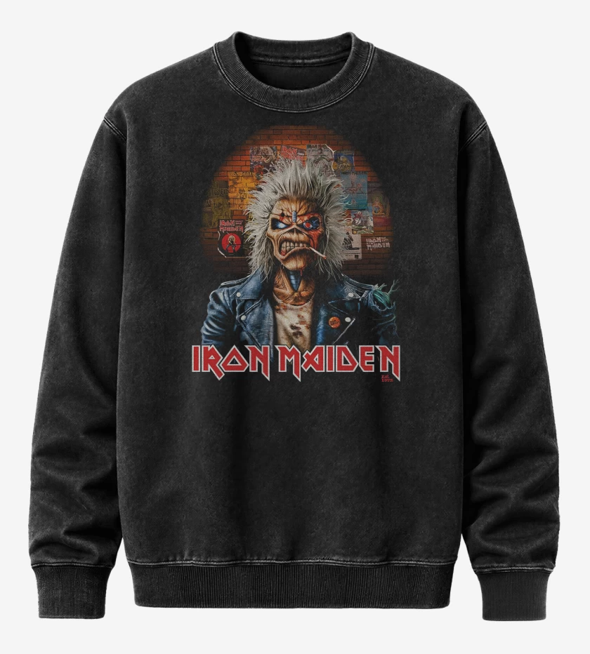 Poleron Polo Acid Wash Negro de Iron Maiden Eddie Wall