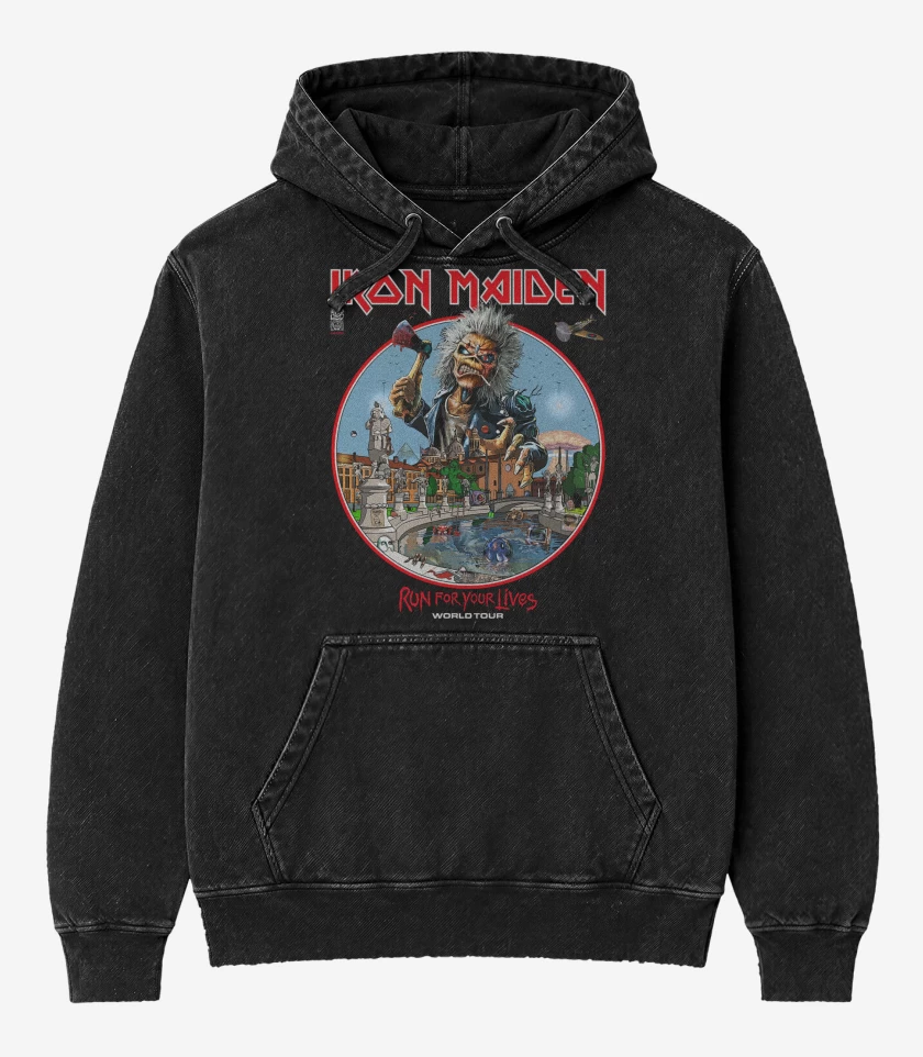 Poleron Canguro Acid Wash Negro de Iron Maiden Run For Your Lives World