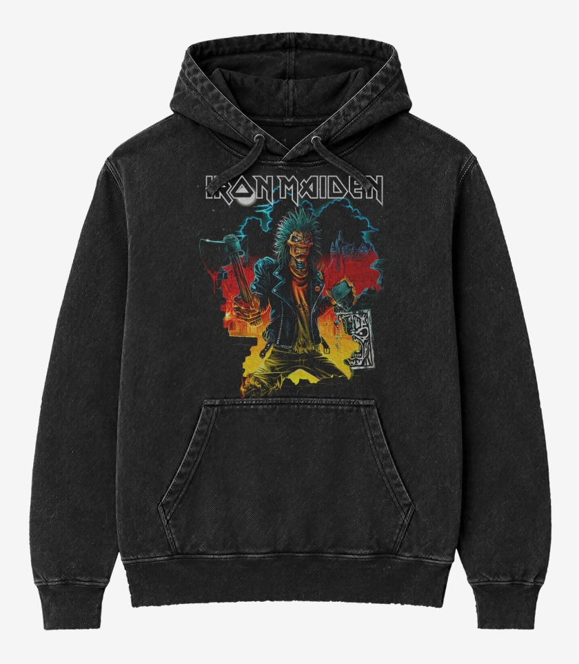 Poleron Canguro Acid Wash Negro de Iron Maiden Break the Wall