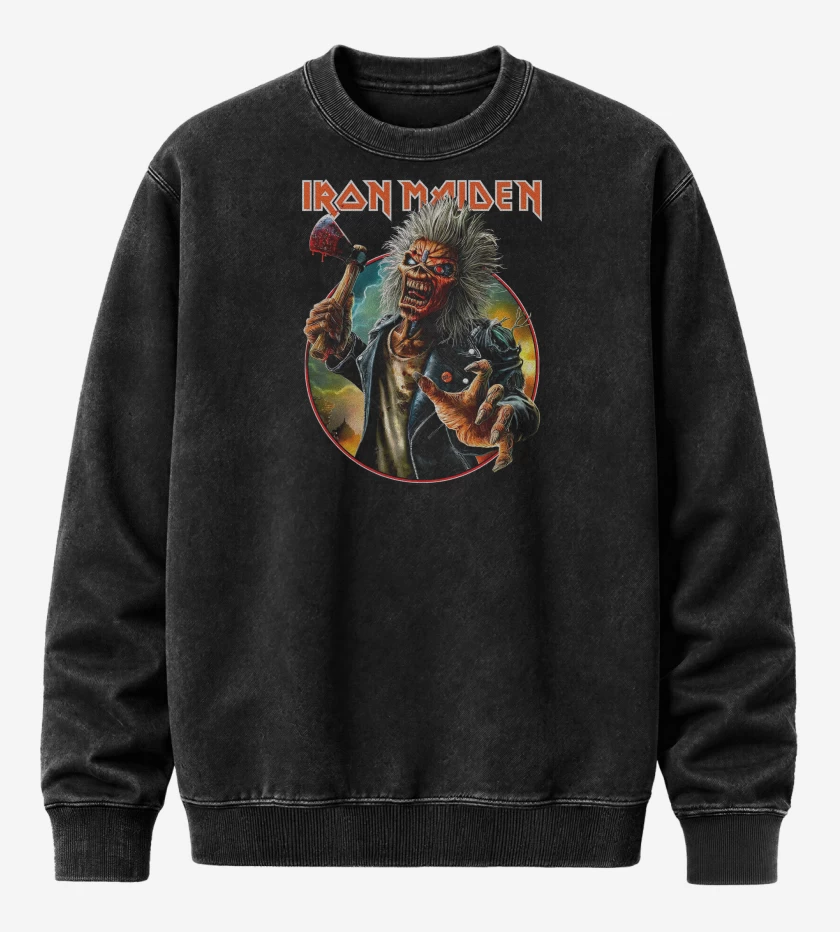 Poleron Polo Acid Wash Negro de Iron Maiden Eddie Run For Your Lives