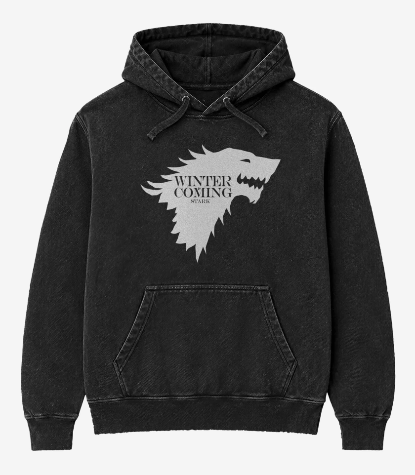 Poleron Canguro Acid Wash Negro de Winter Is Coming Stark