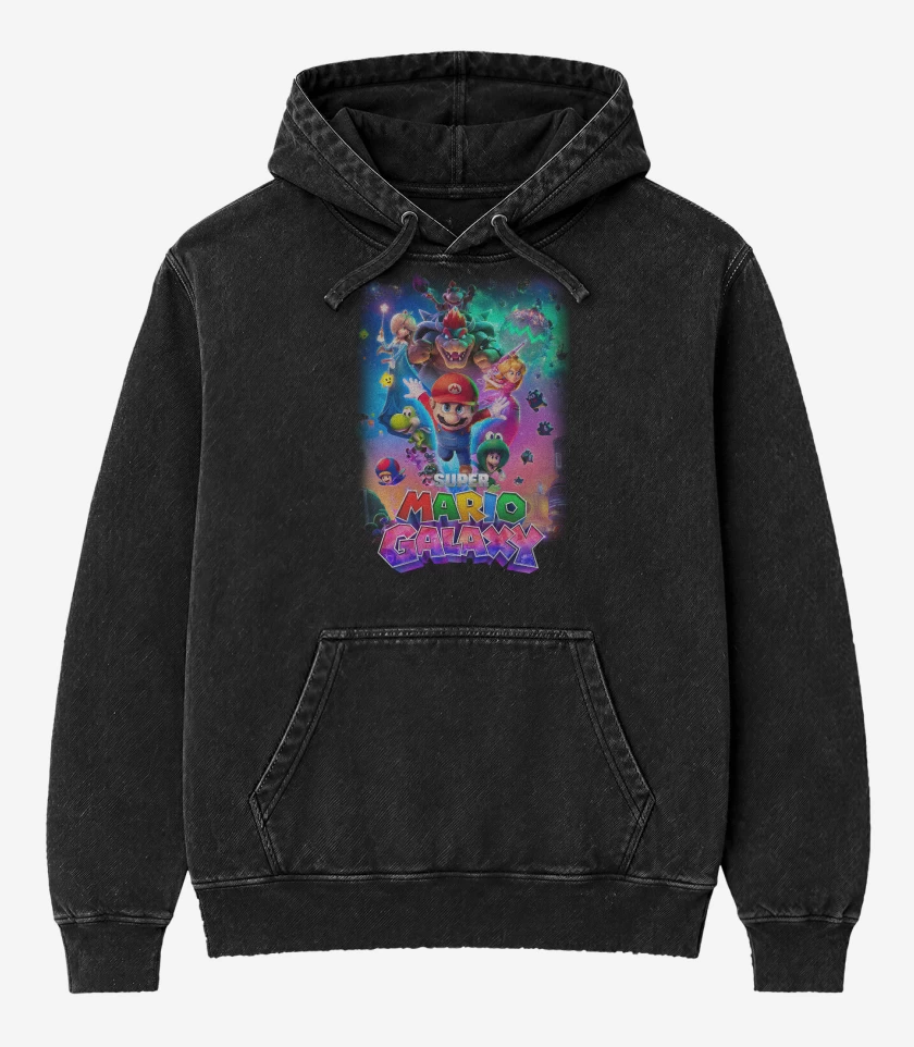 Poleron Canguro Acid Wash Negro de Super Mario Galaxy movie