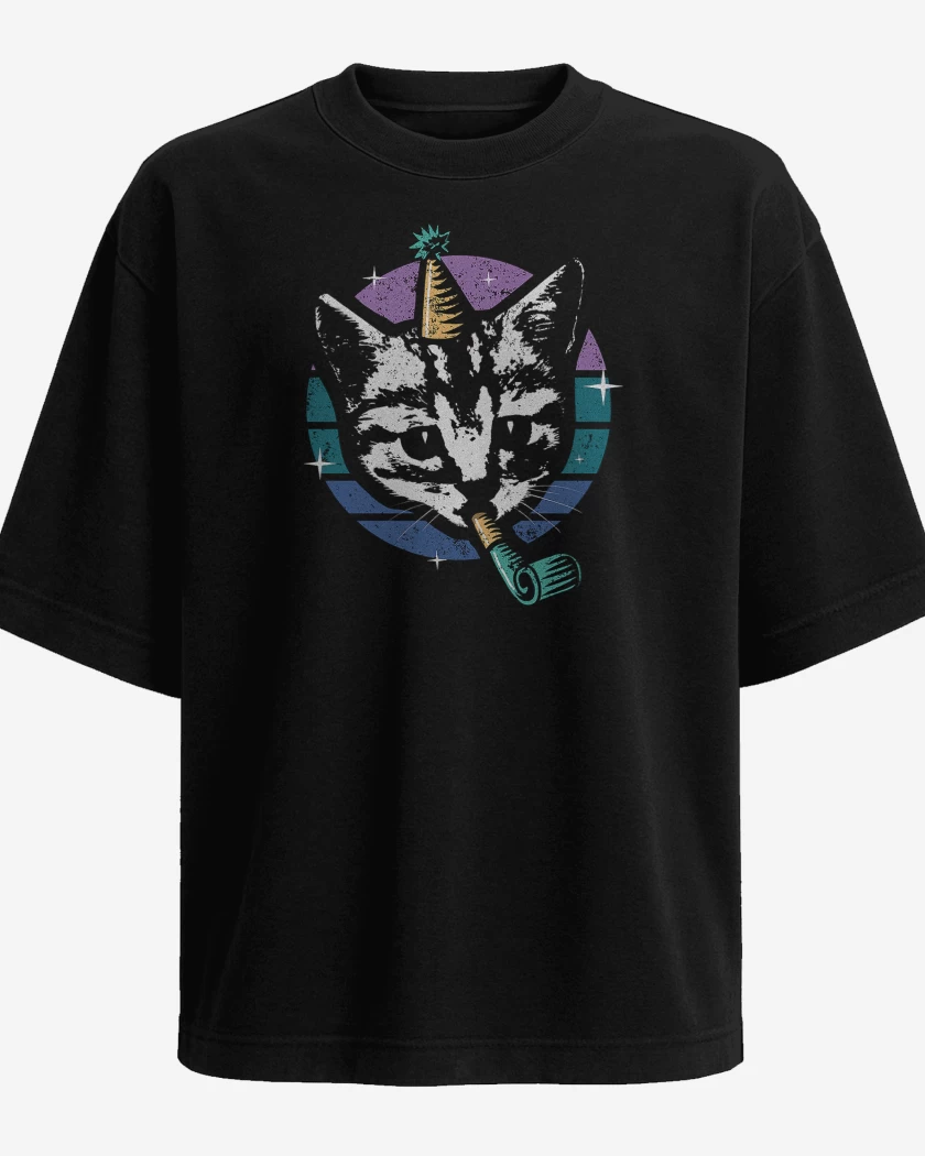 Polera Oversize Negro de Gatito Fiestero