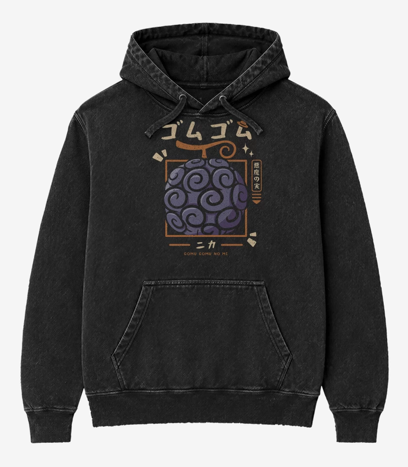 Poleron Canguro Acid Wash Negro de One Piece Gumo Gumo