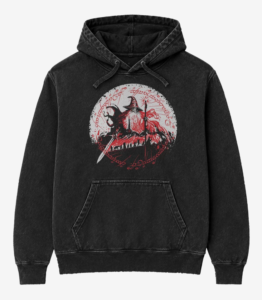 Poleron Canguro Acid Wash Negro de Señor de los Anillos Gandalf Comunidad