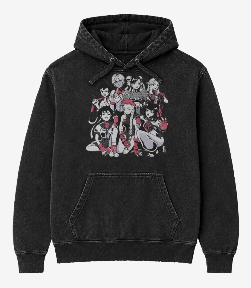 Poleron Canguro Acid Wash Negro de Peleadoras Street Fighter