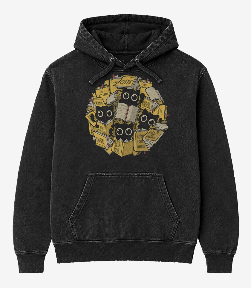 Poleron Canguro Acid Wash Negro de Gatitos Lectores