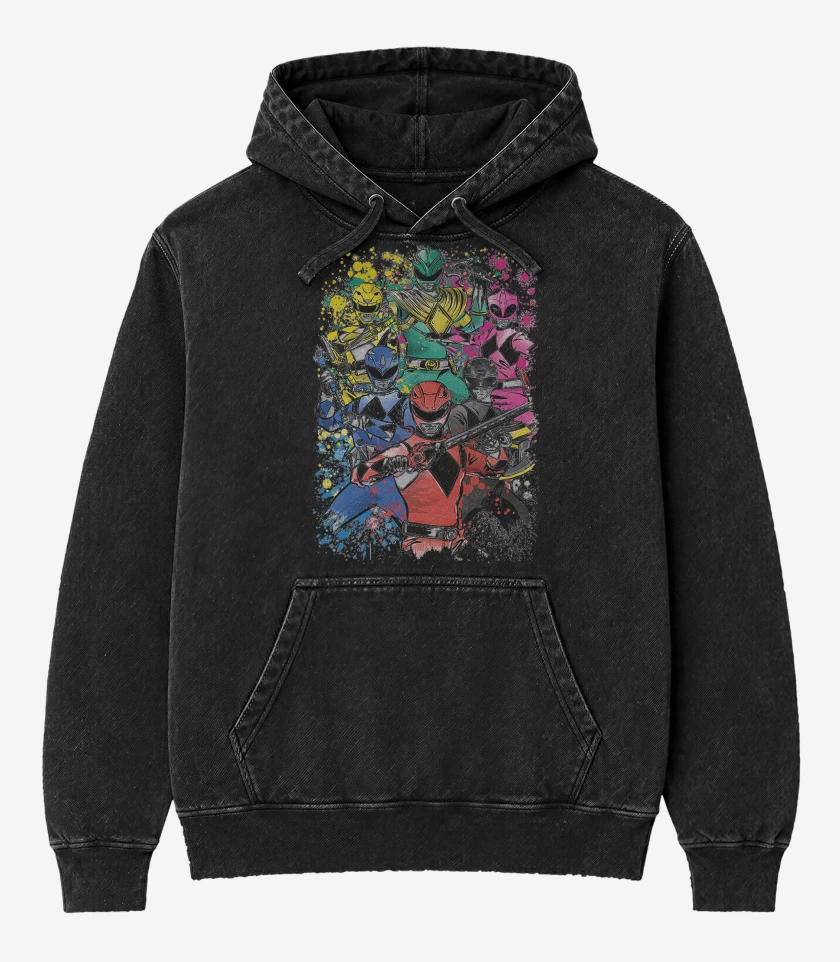 Poleron Canguro Acid Wash Negro de Power Rangers Clásicos