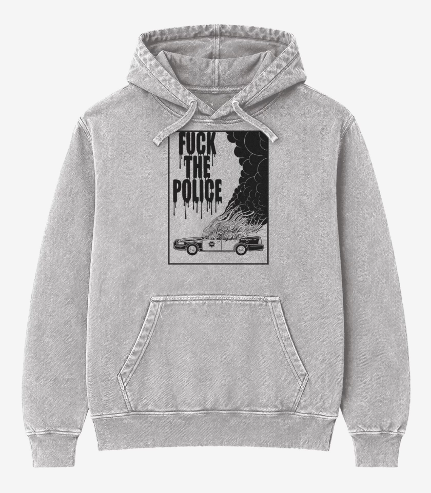 Poleron Canguro Acid Wash Gris Melange de Fuck the police