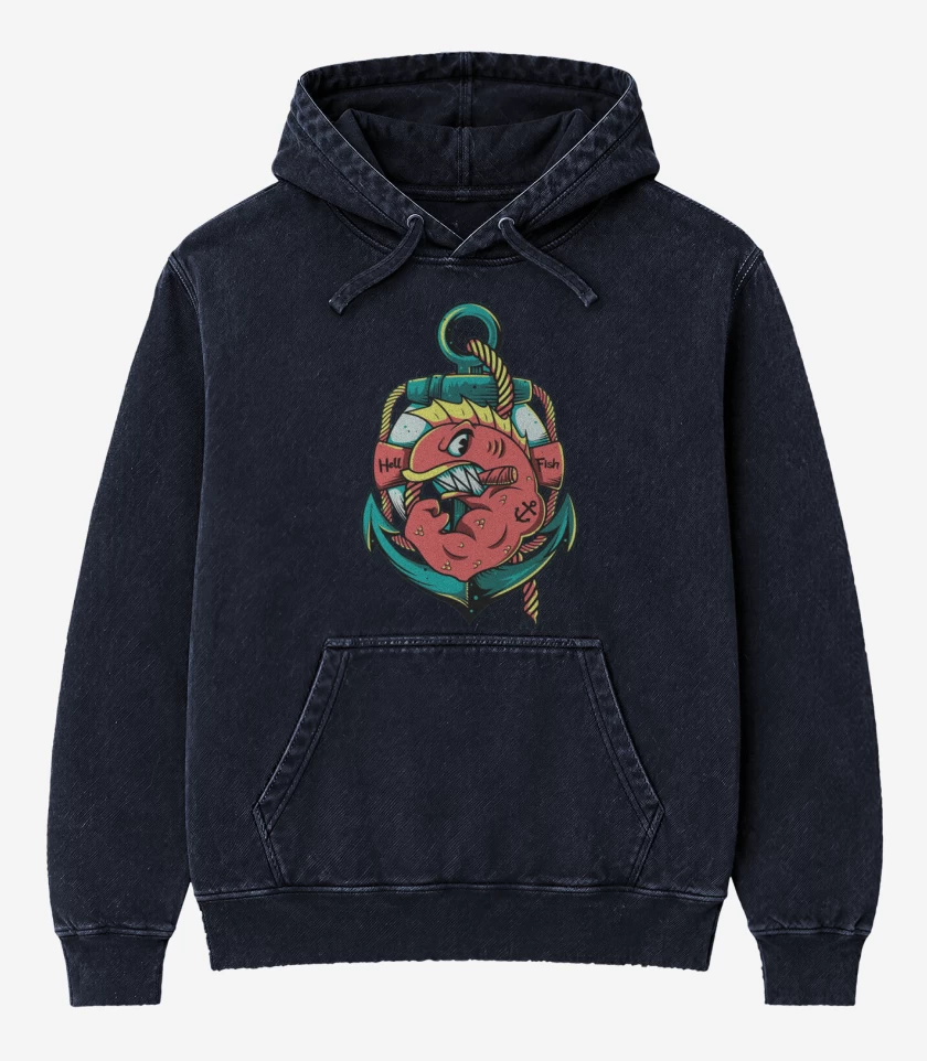 Poleron Canguro Acid Wash Azul Marino de Los peces del infierno