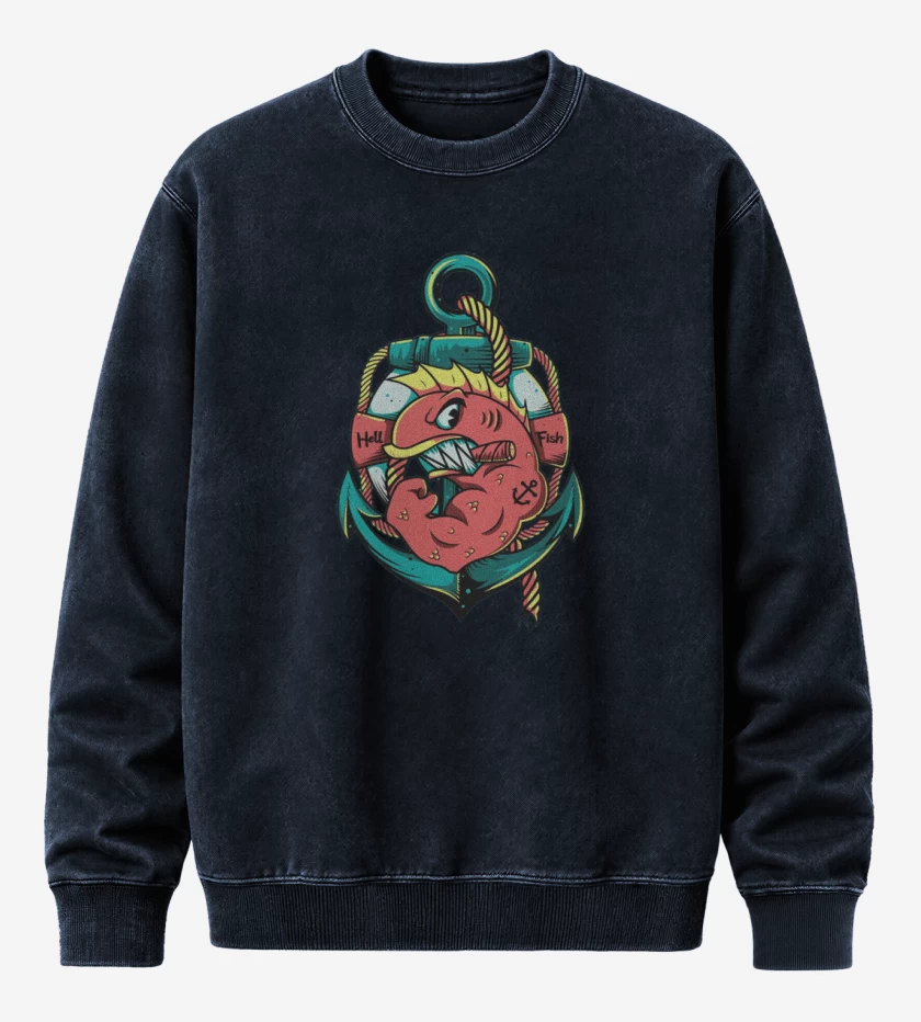 Poleron Polo Acid Wash Azul Marino de Los peces del infierno