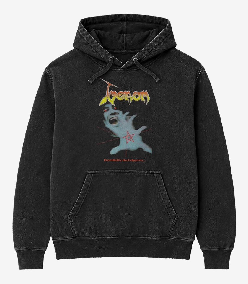Poleron Canguro Acid Wash Negro de Venom From Hell to the Unknown