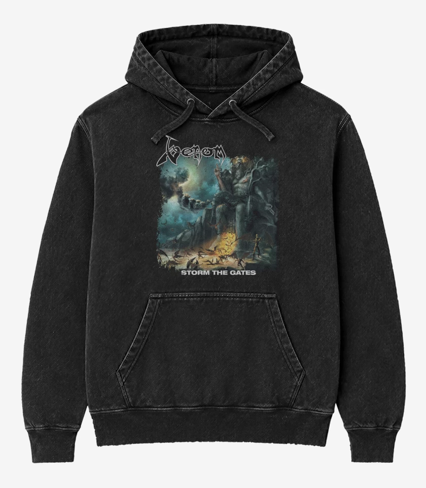Poleron Canguro Acid Wash Negro de Venom Storm the Gates