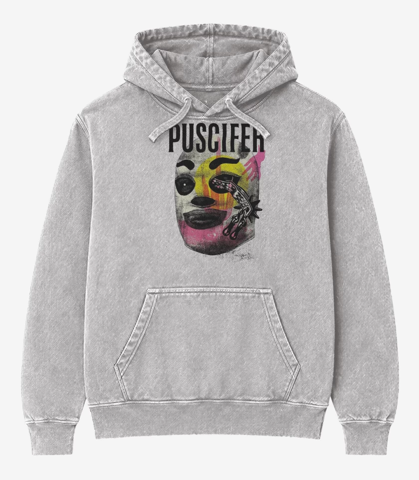 Poleron Canguro Acid Wash Gris Melange de Puscifer Lucha Libre Mask