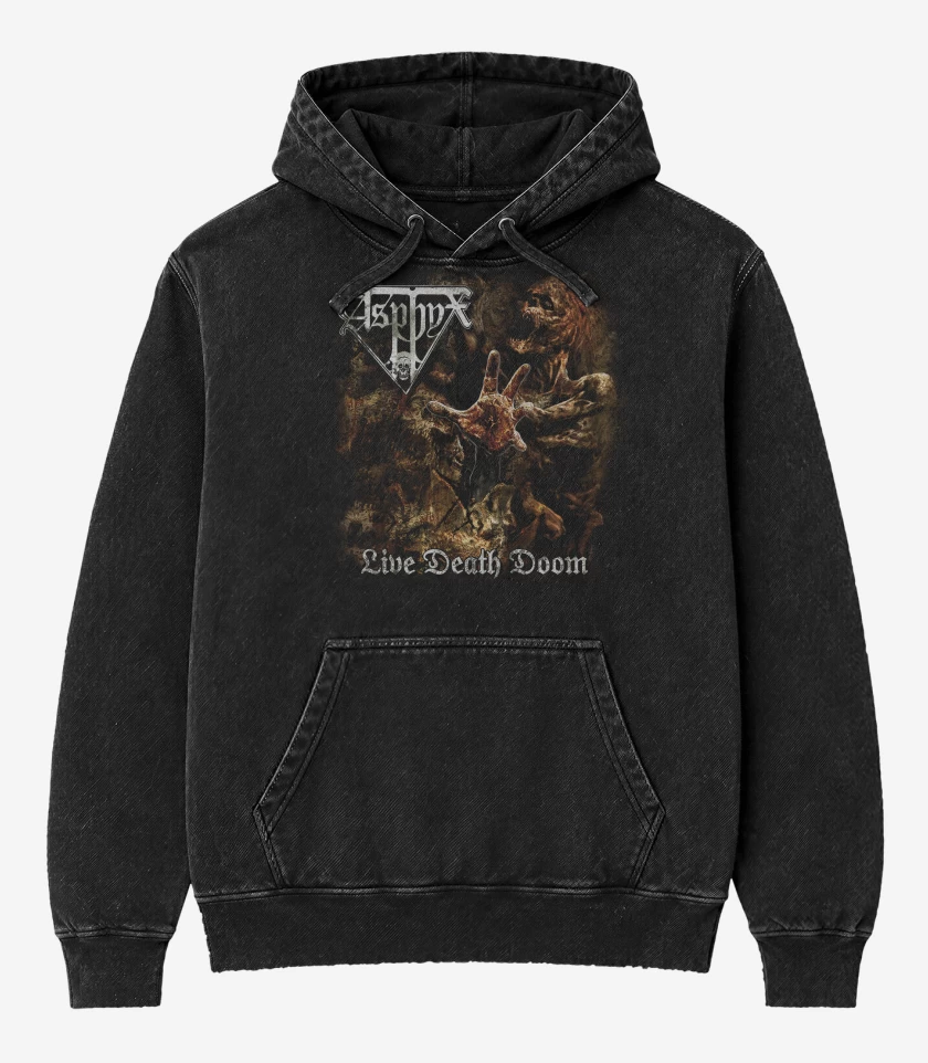 Poleron Canguro Acid Wash Negro de Asphyx Live Death Doom
