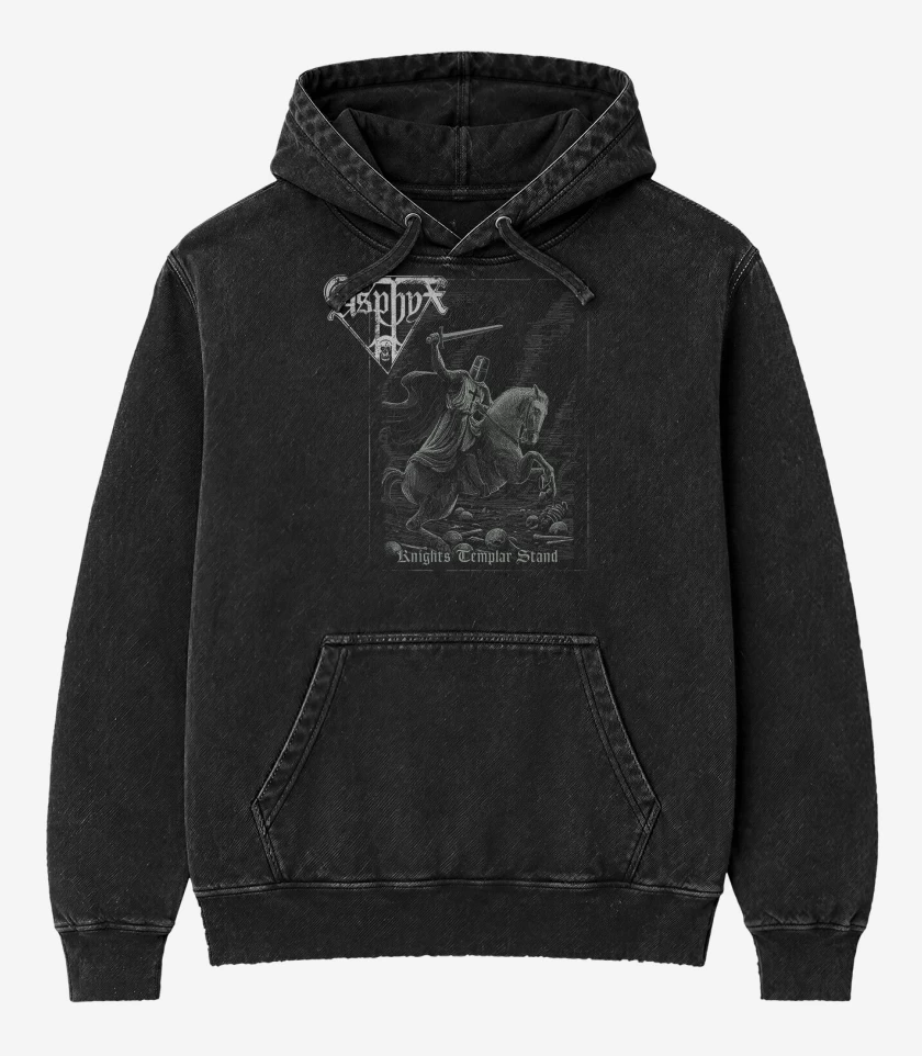 Poleron Canguro Acid Wash Negro de Asphyx Knights Templar Stand