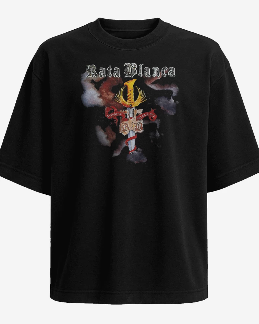 Polera Oversize Negro de Rata Blanca Guerrero del Arcoiris