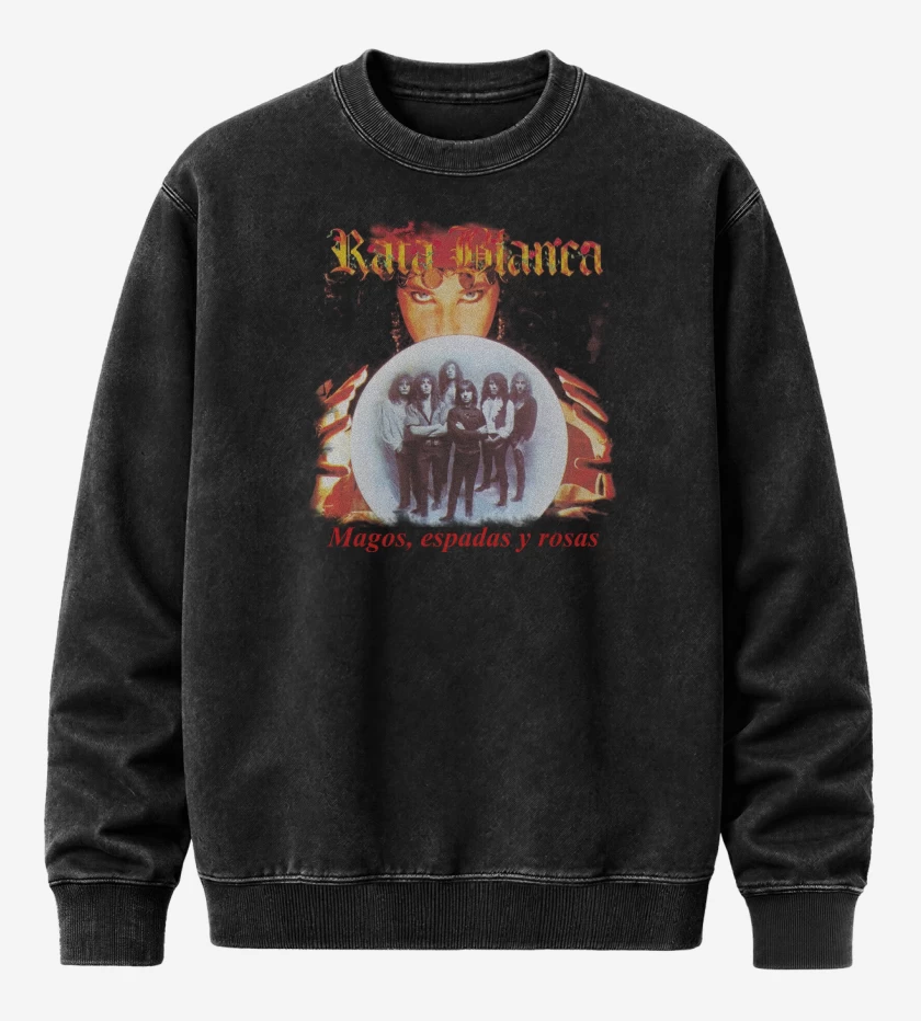 Poleron Polo Acid Wash Negro de Rata Blanca Mago Espadas y Rosas
