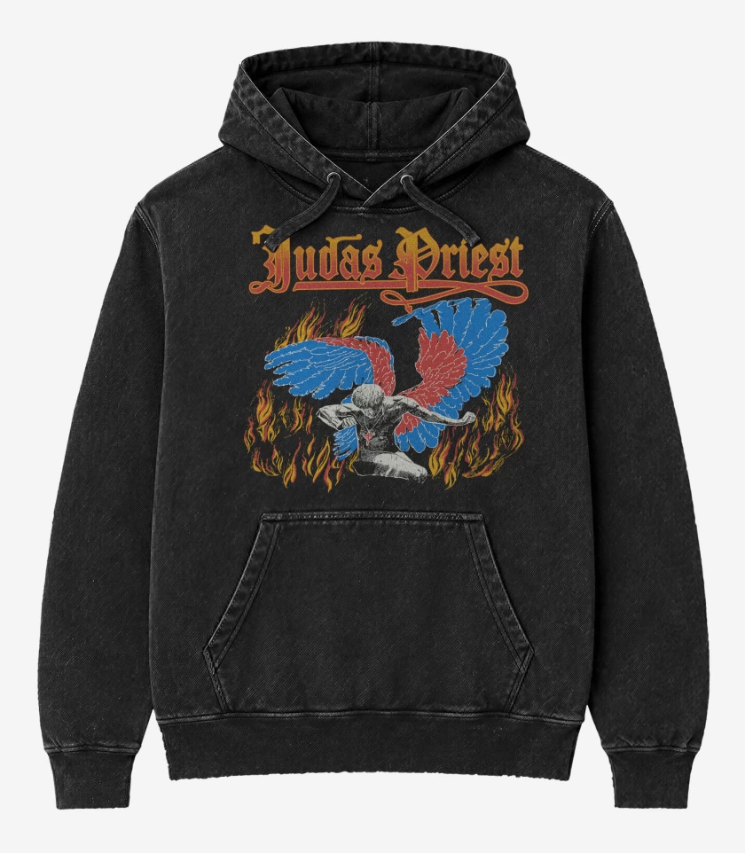 Poleron Canguro Acid Wash Negro de Judas Priest Sad Wings