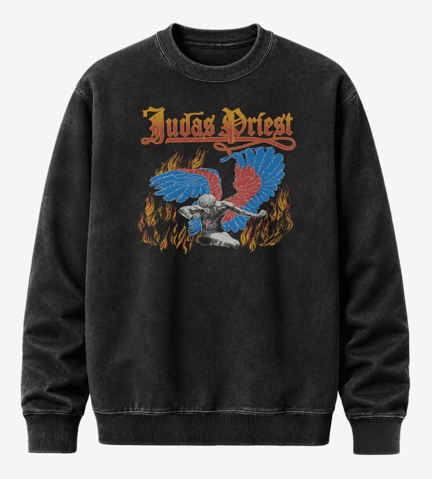 Poleron Polo Acid Wash Negro de Judas Priest Sad Wings