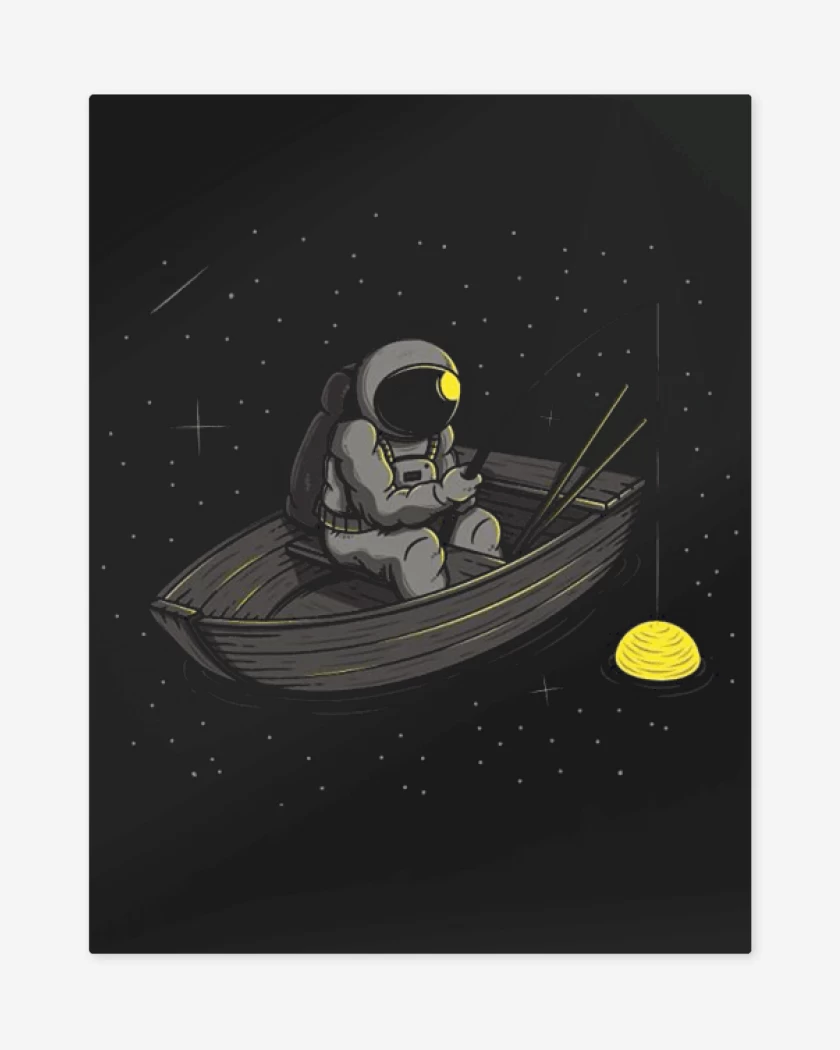 Print metalico Negro de Astronauta pescando
