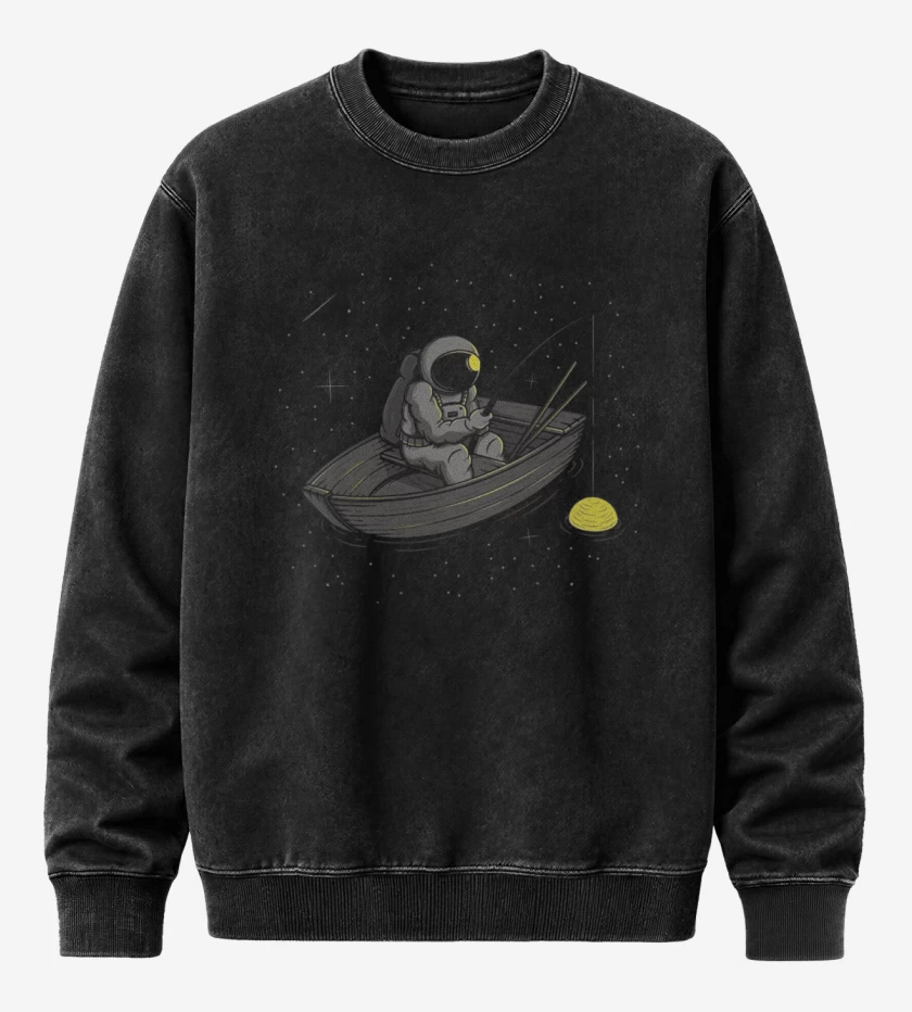 Poleron Polo Acid Wash Negro de Astronauta pescando