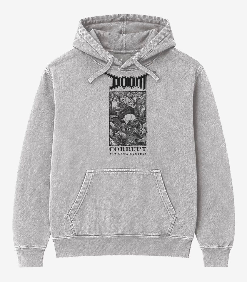 Poleron Canguro Acid Wash Gris Melange de Corrupt Fucking System Doom