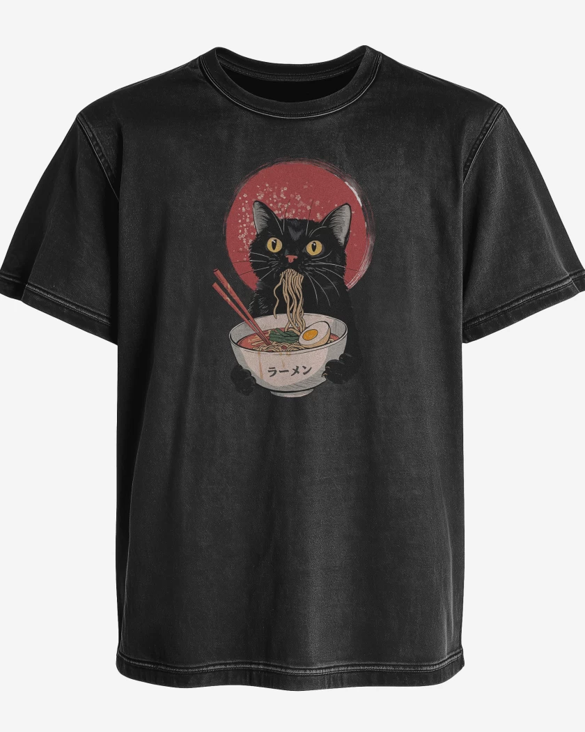 Polera desgastada Negro de Gatito Ramen