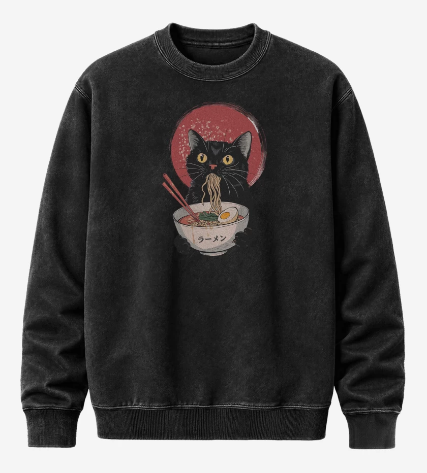 Poleron Polo Acid Wash Negro de Gatito Ramen