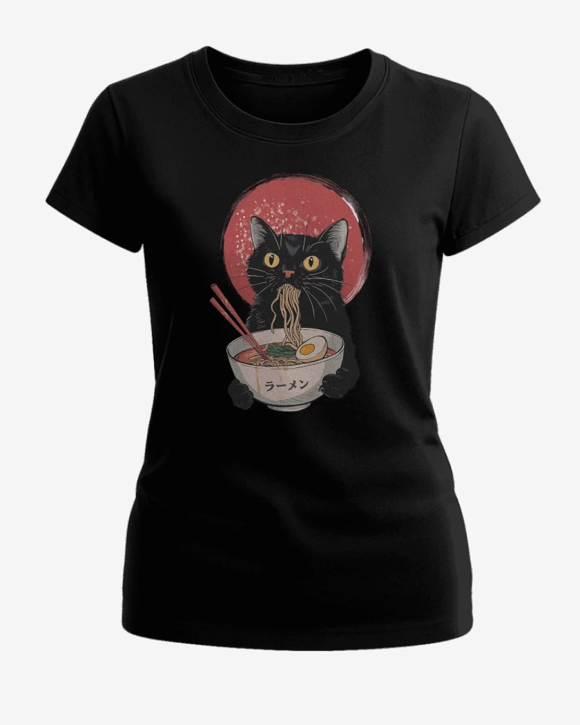 Polera de Mujer Negro de Gatito Ramen