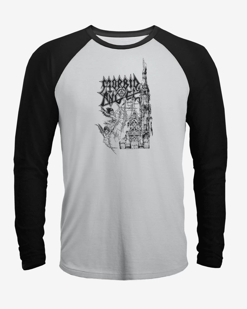 Polera Raglan Blanco / Negro de Morbid Angel Catedral