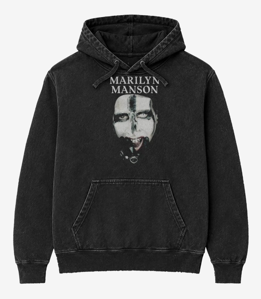Poleron Canguro Acid Wash Negro de Marilyn Manson Face 