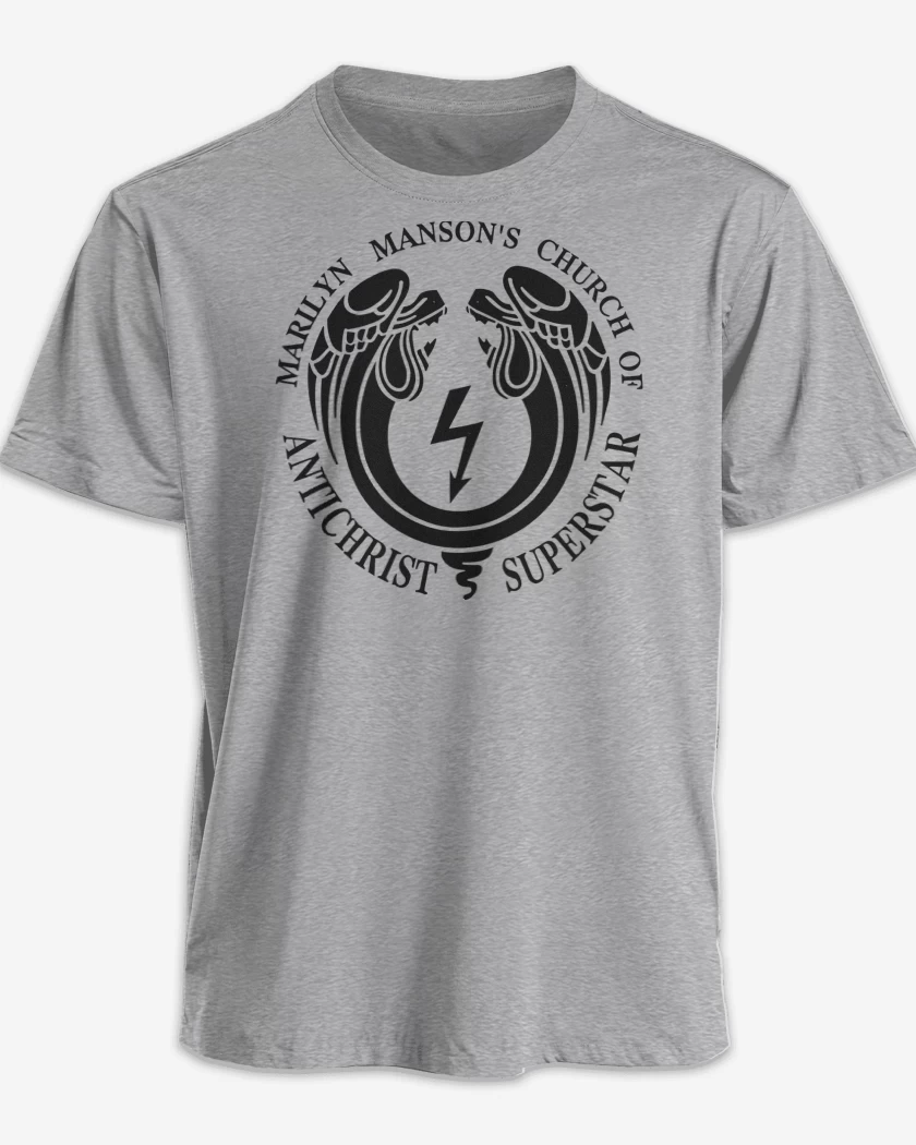 Polera premium Gris Melange de Marilyn Manson Church of Antichrist Superstar