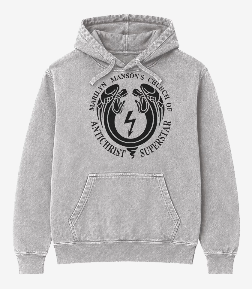 Poleron Canguro Acid Wash Gris Melange de Marilyn Manson Church of Antichrist Superstar