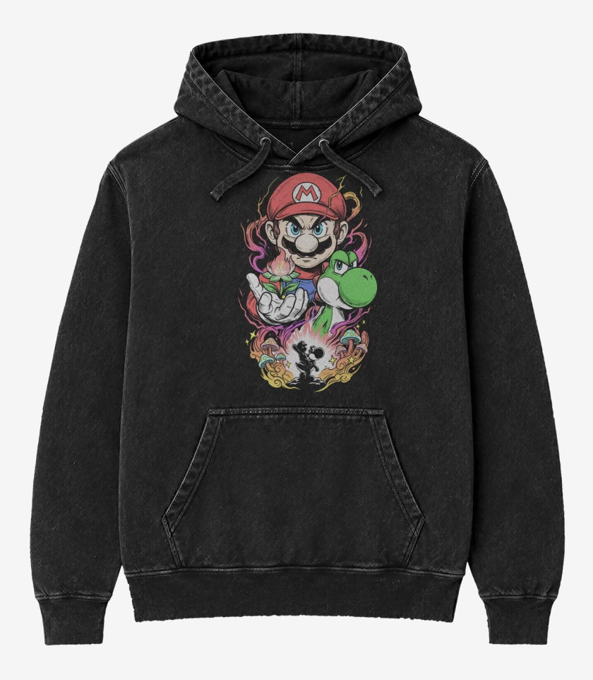 Poleron Canguro Acid Wash Negro de Super Mario Movie