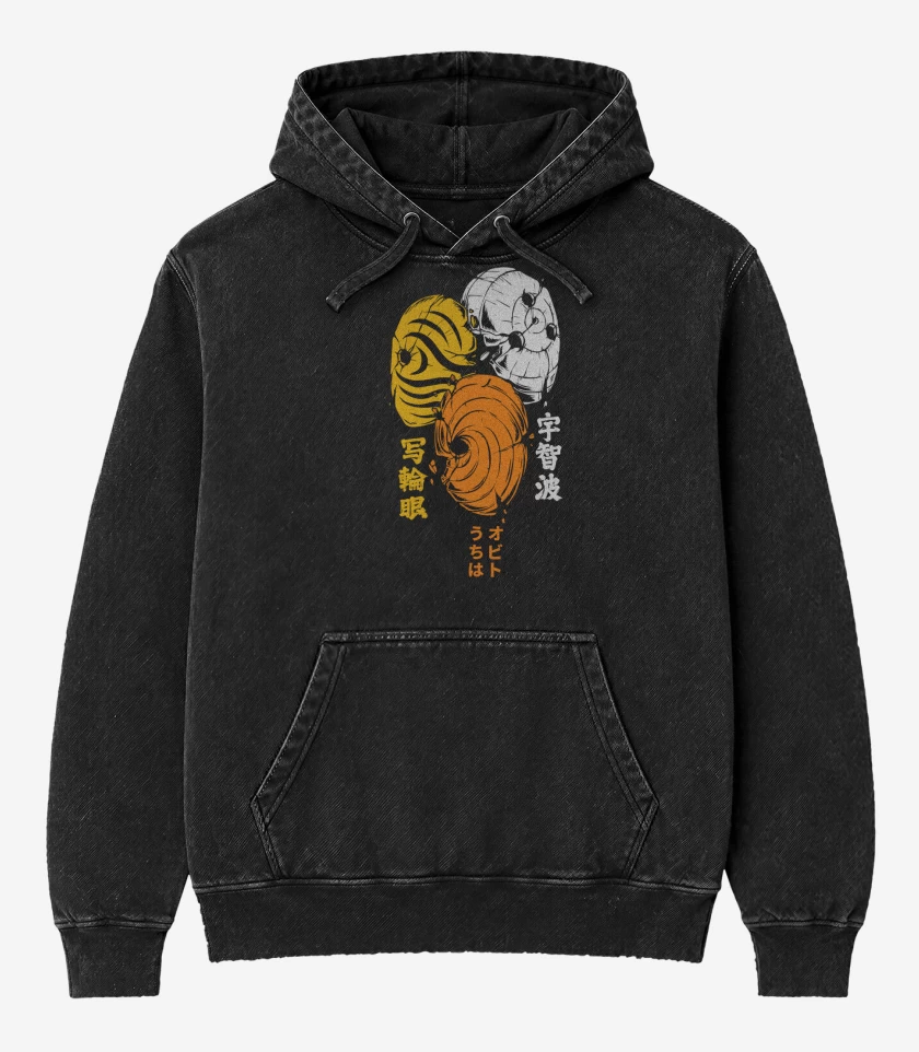Poleron Canguro Acid Wash Negro de Obito Máscaras Naruto