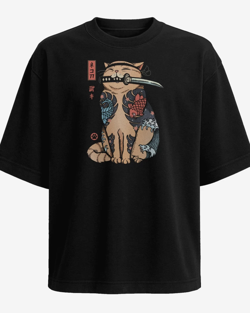 Polera Oversize Negro de Gatito Yakuza