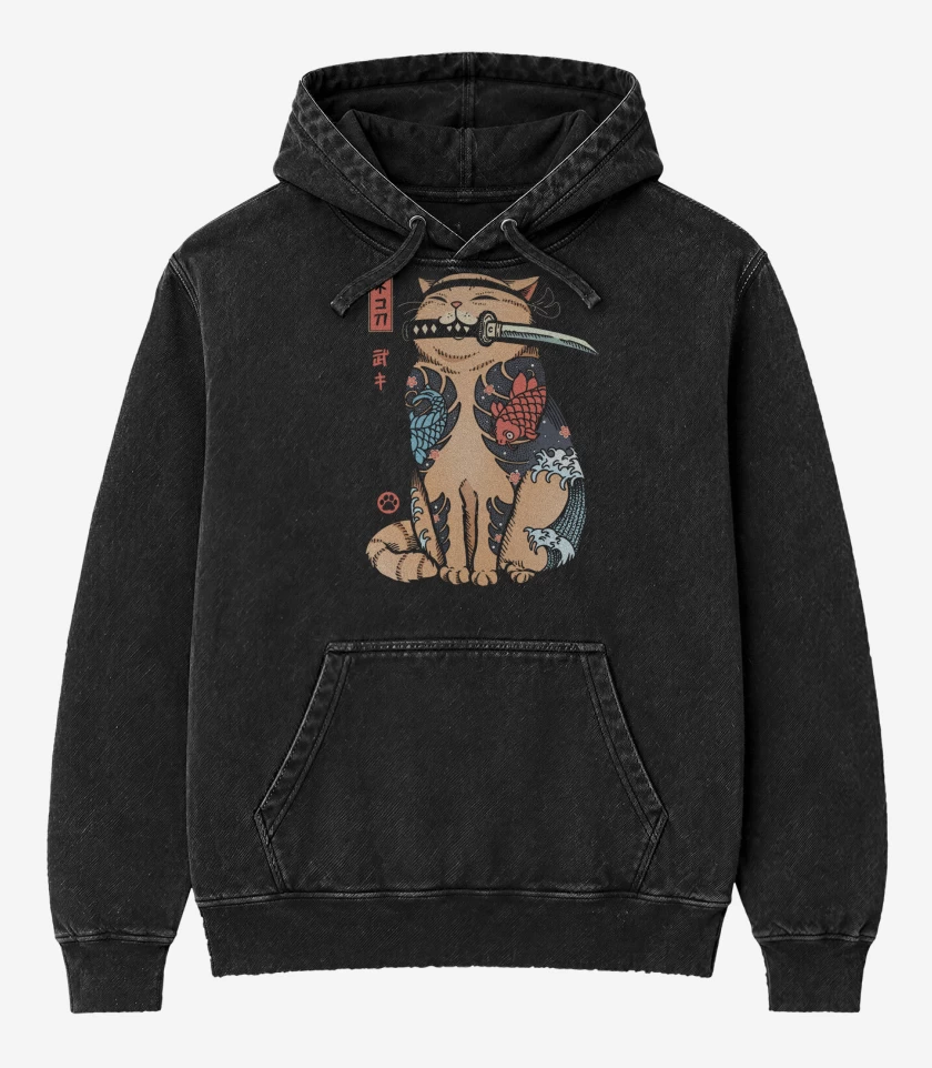 Poleron Canguro Acid Wash Negro de Gatito Yakuza