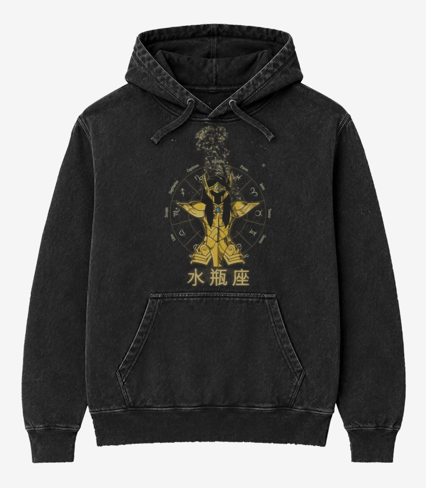 Poleron Canguro Acid Wash Negro de Acuario Saint Seiya