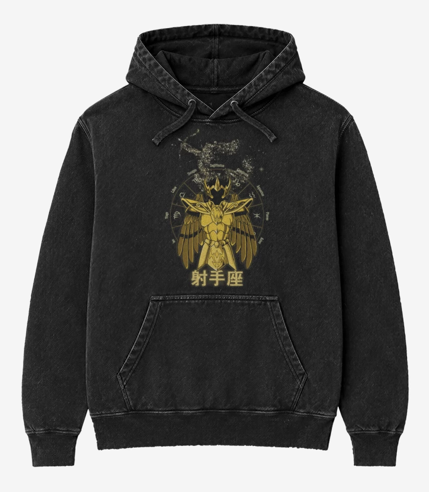 Poleron Canguro Acid Wash Negro de Sagitario Saint Seiya