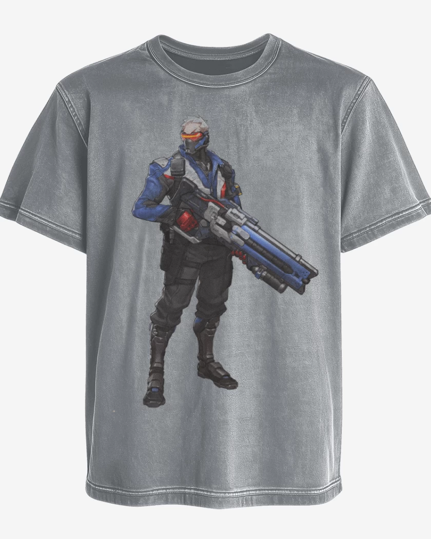 Polera desgastada Gris Melange de Soldier 76 full color