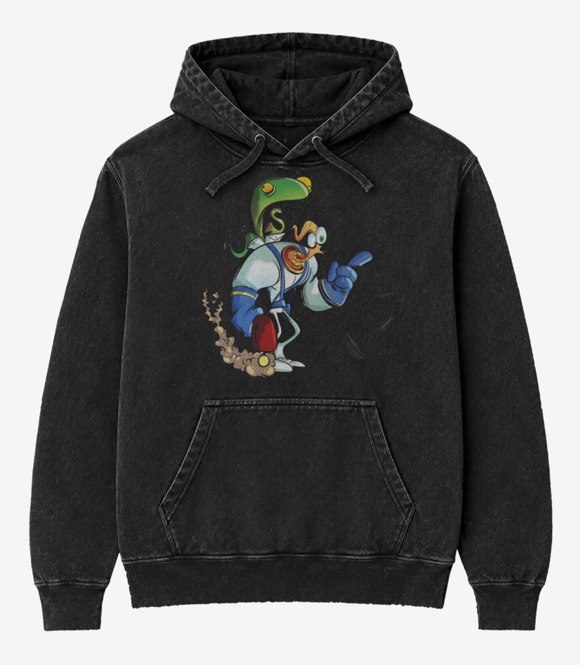 Poleron Canguro Acid Wash Negro de earthworm jim