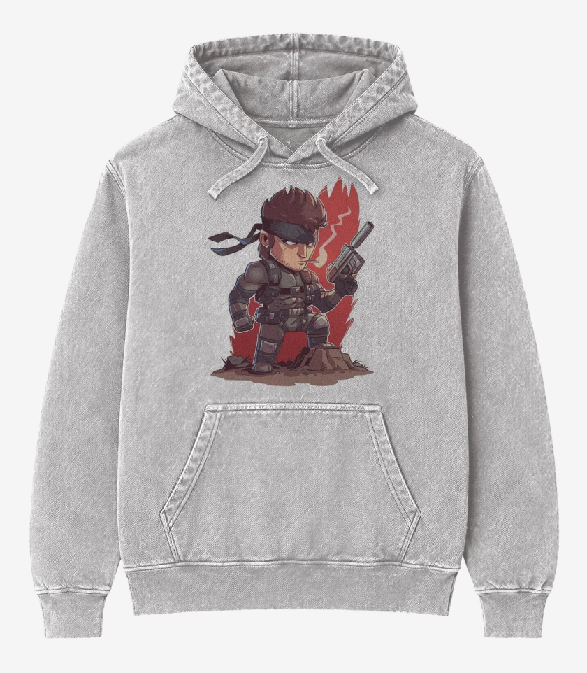 Poleron Canguro Acid Wash Gris Melange de Chibi Metal Gear