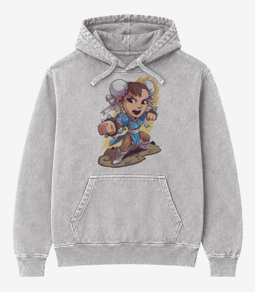 Poleron Canguro Acid Wash Gris Melange de Chibi Chun Li