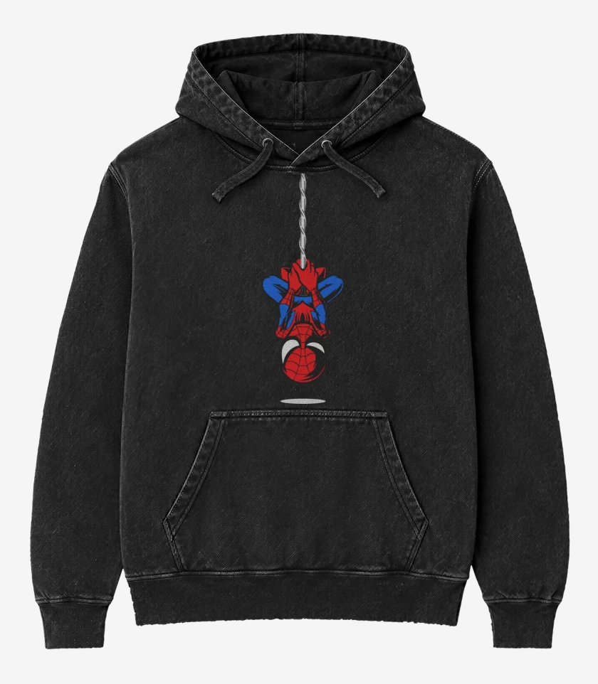 Poleron Canguro Acid Wash Negro de Hombre araña colgando