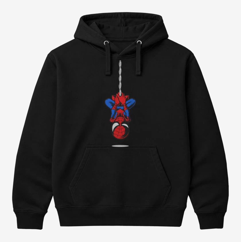 Polerón Canguro Negro de Hombre araña colgando