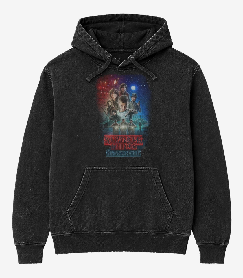 Poleron Canguro Acid Wash Negro de Stranger things season one