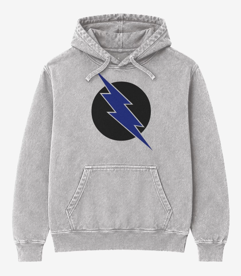 Poleron Canguro Acid Wash Gris Melange de Rayo circular muy malo
