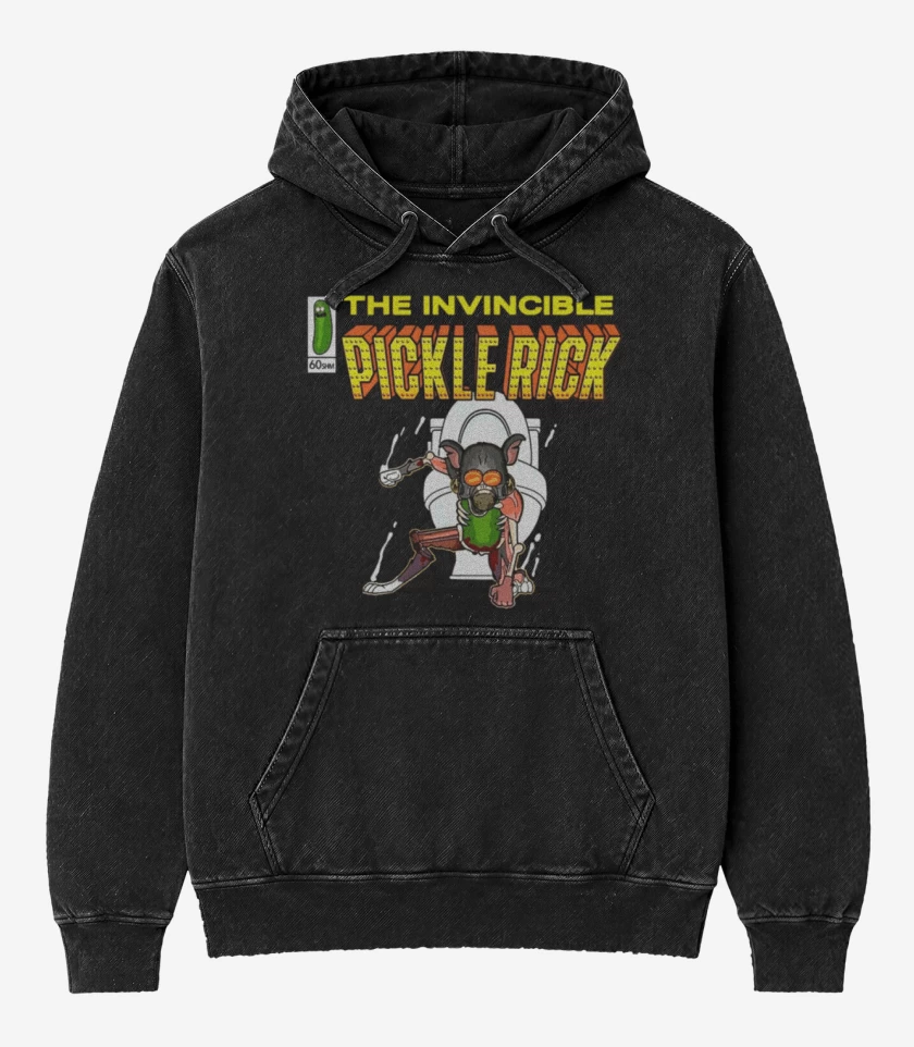 Poleron Canguro Acid Wash Negro de The invincible Pickle Rick